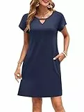 MOLERANI Vestidos de Verano de Las Mujeres Camiseta de Manga Corta Suelta Vestido de Playa con Cuello en V Vestidos Casuales con Bolsillos Azul Marino S