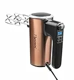 Bestron Batidora eléctrica de cocina, potente batidora de mano con 6 velocidades, función turbo y pantalla LCD, viene con 2 batidores y 2 ganchos de masa, peso ligero de 1 kg, color: cobre