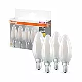 OSRAM LED BASE B40, paquete de 4 bombillas, reemplaza bombillas incandescentes tradicionales de 40W, 4W, blanco cálido (2700K), vidrio mate, no regulable, forma de vela, E14