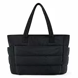 Large Puffer Tote Bag With Zipper Quilted Light Work Bag,Puffy Tote Bag For Women Travel - with Compartments, Black