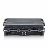 SEVERIN Raclette Grill, Raclette con plancha grande, revestimiento cerámico y antiadherente, 8 sartenes para raclette y 8 espátulas, grill de mesa para hasta 8 personas, 1.400 W negro, RG 9670