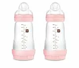 MAM Pack 2 Biberones Anticólicos, 2-4 Meses, 260ml, con Tetina 2 Flujo Medio de Silicona de Fácil Aceptación, Autoesterilizable y Fácil de Limpiar, MAM Easy Start Anti-Colic, Rosa Brillante, 2uds