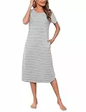 Litherday Camisón Mujer Largo Algodón Verano con Bolsillos Camiseta Dormir Rayas Manga Corta Suave Cómodo y Fresco para Casa y Dormir Tallas Grandes,Gris y Blanco, XL