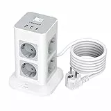 TESSAN Regleta Enchufes Multiple Proteccion Sobretension, Torre Enchufes Vertical 8 Tomas con 1 USB C, Alargador 2M, Regleta USB con Interruptor para Casa, Oficina, 3600W, Gris