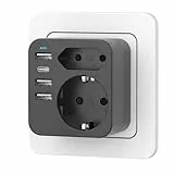 Enchufe Múltiples Pared con 1 Tipo C y 3 Puertos USB(3.4A), Ladron Enchufes con 2 Tomas de CA, Regletas Enchufes USB para Oficina, Habitación y Cocina, Compatible con Teléfono (black)