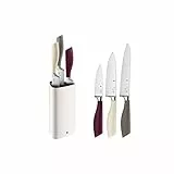 WMF Elements Joy - Juego de 4 Piezas, 3 Cuchillos con Hoja de Acero Especial de Filo Recto y con Bloque de Cuchillos con Cepillo de Plástico