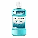 Listerine Mentol (1 x 250 ml), enjuague bucal con flúor, colutorio encías con 24 horas de protección, elixir bucal que elimina las bacterias, para un aliento fresco duradero.