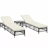 Outsunny Conjunto de 2 Tumbonas de Ratán Tumbonas de Jardín con Mesa de Centro Respaldo Ajustable en 5 Niveles y Cojines 196x54x32 cm Negro