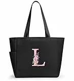 KALIDI Bolsa de mano personalizada con cremallera, monograma del alfabeto inicial de la A a la Z, regalo para mujeres, damas de honor, mamá, profesora, amiga, boda, compras diarias, Negro-L, Large