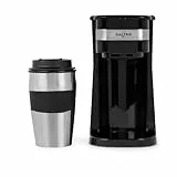 Salter Cafetera de un solo vaso Máquina de cafe de filtro, filtro lavable y reutilizable, incluye taza de viaje de acero inoxidable de 420ml, hace café en 3-4 minutos, apta para café molido/pads.