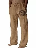 Voqeen Hombre Pantalon Lino Verano Casual Pantalones Largo con Elasticos Cintura Ligeros Pants Anchos de Playa con Bolsillos