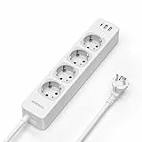 TESSAN Regletas Enchufes con USB C y USB A, 7 en 1 Alargador 2 Metros, Ladron Enchufes de 4 Tomas con Interruptor, 2500W Toma de Alargador 2M, Blanco