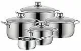 WMF Diadem Plus - Batería de Cocina 5 Piezas, Acero Inoxidable Apto para Inducción, 1 Cacerola Baja de 20 cm, 3 Cacerolas Altas de 16 cm, 20 cm y 24 cm, 1 Cazo 16 cm con 4 Tapas de Cristal