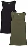 Amazon Essentials Camiseta sin Mangas de Corte Ajustado con Cuello Cuadrado Mujer, Pack de 2, Negro/Verde Oliva Oscuro, L