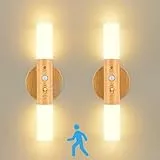 GuKKK 2 Pcs Luz de pared de Madera, Luz de Pared de Interior con Sensor de Movimiento, Luces de Pared Magnéticas con Interruptor, Apliques Interior Giratoria de 360° con Carga USB, para Sala (Madera)