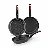 MONIX Sunset | Set de 3 sartenes 18-22-26 cm, aluminio forjado, antiadherente, mango baquelita, apta para todo tipo de cocinas, incluido inducción
