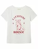 Springfield Camiseta Corta con Estampado Urbano, Mangas remangadas y Abertura en el bajo gráfica, Blanco Estandar, L para Mujer