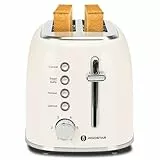 Aigostar Tostadora Retro, 2 Ranuras Corta Extra Anchas de 4 cm, Acero Inoxidable, 6 Niveles de Tostado, Descongelar, Recalentar y Cancelar, Programa Especial Bagels. Diseño Vintage en Beige. Cream