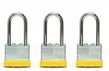 Juego de 3 candados con grillete largo de 50 mm – mismo candado con 3 llaves | acero laminado amarillo | candados resistentes para puertas, puertas, cajas fuertes, obras y casas 181503
