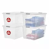 Iris Ohyama 4 Cajas de almacenamiento con tapas, 45L, Plata, Clips de Cierre, Duradero, Apilable, para Dormitorio, Armario, Oficina, Organizadora, Ropa y Zapados, Libre de BPA, NTB-45