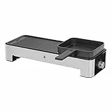 WMF Kitchenminis - Mini Grill 1000 W, dos zonas de cocción, temperatura ajustable, placas antiahderentes, incluye sartén individual , superficie plana y estriada, Negro, 35.3 x 13.2 cm