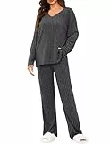 Tuopuda Conjunto Dos Piezas de Tejido Mujer,Casual Punto Tops manga larga de Cuello en V y Pantalones con Bolsillos Suelto Chándales para mujer Talla grande(Negro,M)