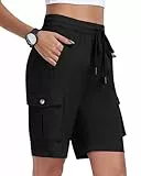 MoFiz Pantalones Cortos Cargo Mujer Bermudas Shorts Cintura Elástica Ligero Secado Rápido Pantalón Cortos de Trekking Senderismo Ocio Trabajo Deportes Negro Talla EU L