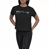 DKNY Ombre Sequin Logo Cropped Short Sleeve tee Camiseta, Negro Y Gun De Rifle, XS Mujeres