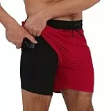 Arcweg Bañador para Hombre con Forro de Compresión 2 en 1 de Secado Rápido con Forro Corto Elástico para la Playa con Bolsillos con Cremallera Negro + Rojo M(EU)