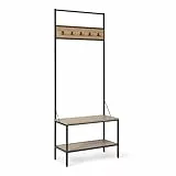 Amazon Basics Perchero con Banco para Recibidor, con Ganchos, Zapatero, Estructura Metálica, Estilo Rústico Industrial, 34cm x 72cm x 182cm, Color Roble