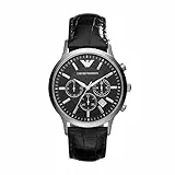 Emporio Armani Reloj para hombre, Movimiento cronógrafo, caja de acero inoxidable plateado/acero de 43 mm con correa de piel, AR2447, Negro y Gris