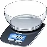 Beurer KS 25 Balanza de cocina con bol transparente, función auto-tara, 3 kg/1 gr, pantalla LCD azul (6.6 x 2.8 cm), altura pantalla 2.2 cm, color negro plata