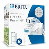 BRITA Sistema de filtrado de agua ON TAP Pro V-MF incl. 1x cartucho filtrante (600L) - para un 99,99% de agua libre de bacterias, reduciendo PFAS, incl. cuenta atrás digital LCD de capacidad