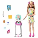 Barbie Skipper Muñeca niñera con Trona, bebé y Accesorios para su Cuidado, Juguete +3 años (Mattel HTK35)