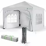 VOUNOT® Carpa Plegable Gazebo 3x3m con 4 Paredes Laterales 4 Sacos Arena y Bolsa de Transporte, Cenador Impermeable Pabellón de Jardín Protección UV para Camping, Fiestas, Exterior, Color Blanco