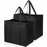 JOOTUEPO Paquete de 2 bolsas de compras reutilizables negras con asas, plegables, lavables y duraderas, para la vida cotidiana, picnic y camping