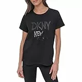 DKNY Rhinestone Graffiti Short Sleeve Relaxed Fit Crew Neck tee Camiseta, Negro, L Mujeres