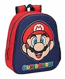 SUPER MARIO - Mochila Escolar, con Diseño 3D, Adaptable a Carro, Ideal para Niños de Diferentes Edades, Cómoda y Versátil, Calidad y Resistencia, 27x10x33 cm, Color Azul Marino/Rojo