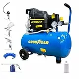 Goodyear - Compresor Eléctrico Portátil 24L con Kit 5 Accesorios, 1.5HP (1.1kW) Motor de Inducción, 8 bares, 165 l/min, Silencioso, Con Ruedas y Regulador - Ideal para Bricolaje y Taller