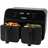 Petra PT4750BLKDE Freidora de Aire con Doble Cesta 7,4L, Pantalla LED digital, 6 Programas para cocinar, Cestas antiadherente, Doble Compartimento con 2 bandejas XL, 2400W