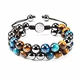 VGWON Pulsera para Hombres con Triple Protección 8mm Negro Azul Hematita Ojo de Tigre Pulsera de Piedras Naturales Curativas de Regalo para Hombres para la Buena Suerte y la Prosperidad