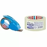 tesapack PACK'N'GO, Dispensador Ergonómico Azul de Cinta de Embalaje Manual para Cinta Adhesiva, Incluye Rollo de Cinta de 50 m x 48 mm & Cinta de embalaje pack fuerte (66 m x 50 mm), transparente
