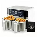 MasterPro Rocket Duo 900 | Freidora Sin Aceite Doble | Color Blanco | Capacidad de 9 L y 2400 W | Pantalla LED Táctil y Cesta Antiadherente | Freidora de Aire | 11 Funciones Diferentes en 1, Clásico