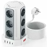 Regleta Vertical Enchufes 16A Regleta Enchufe con 12 Tomas Corrientes y 4 Rápida USB Tomas Proteccion Sobretension Cable de Extensión de 5M y Tapón de Seguridad con Interruptor para Casa Oficina