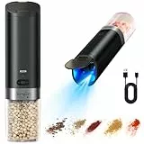 Sangcon Recargable USB Juego de Molinillo de Sal y Pimienta eléctrico, con cubierta antipolvo, Gran capacidad con luz LED azul, Operación automática con una sola mano, Fácil de llenar (2 Paquetes)