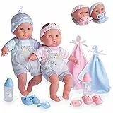 JC TOYS- Muñecos bebés Gemelos de Berenguer Boutique de Cuerpo Blando de 38 cm, Sus Ojos abren y cierran, Incluye Ropa y 8 Accesorios, diseñado en España por Berenguer, +2 años
