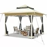 VOUNOT® Carpa Plegable Gazebo 3.6x3.6m con Botón Central y Laterales de Malla, Cenador Pabellón Pop Up de Jardín Techo Doble y Bolsas de Arena, Protección UV, para Camping, Fiestas, Exterior, Beige