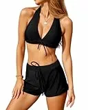 Vancavoo Traje de baño de Mujer de Dos Piezas Push Up Halter Bikini Estampado Cuello de V Bañadores Sexy Bikini y Deportivo de Cintura Alta Shorts Bañador(Negro,XXL)