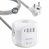 LENCENT Cubo Regleta Enchufes 2M con 4 Tomas de CA, 3 USB y 1 Tipo C, Alargadera Electrica Protección contra Sobretensiones para Familia, Cocina y Oficina White