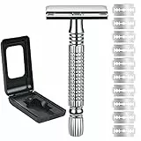 URAQT Maquinilla de Afeitar Clásica, Set de Afeitado con 10 Cuchillas de Recambio, Afeitadora de Seguridad Manual con Espejo Integrado, Tradicional, Zinc, para Mujeres y Hombres, Plateado